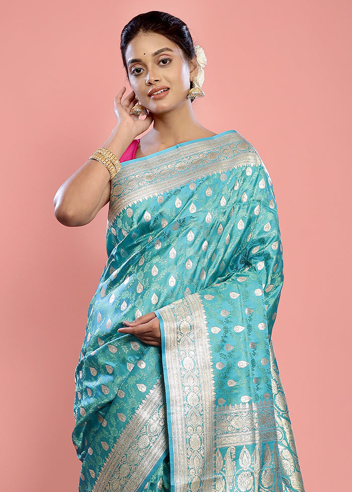 Blue Banarasi Pure Silk Saree With Blouse Piece - Indian Silk House Agencies