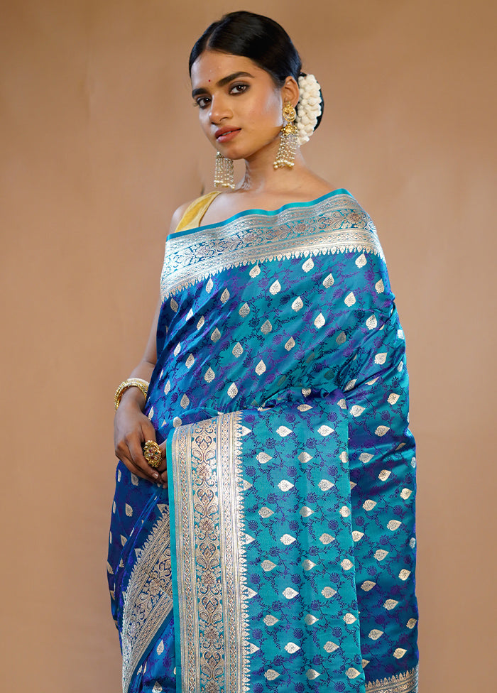 Blue Tanchoi Banarasi Pure Silk Saree With Blouse Piece - Indian Silk House Agencies