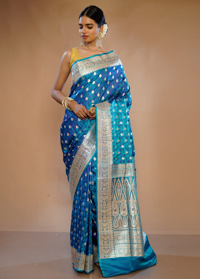 Blue Tanchoi Banarasi Pure Silk Saree With Blouse Piece - Indian Silk House Agencies