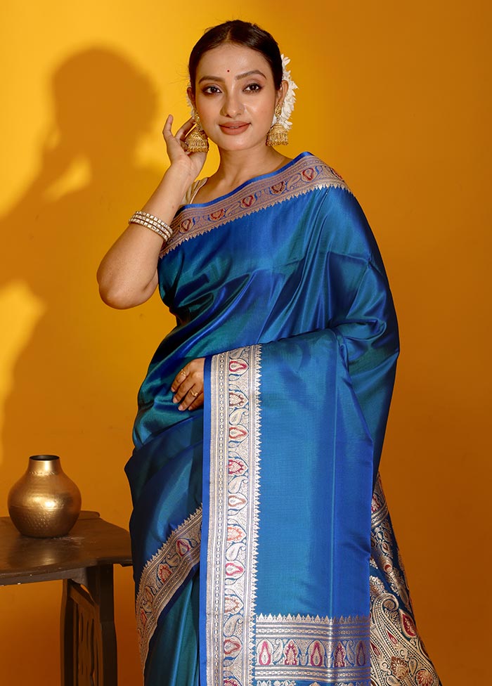 Blue Banarasi Pure Silk Saree With Blouse Piece - Indian Silk House Agencies