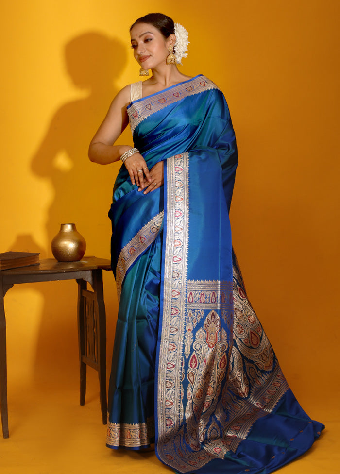 Blue Banarasi Pure Silk Saree With Blouse Piece - Indian Silk House Agencies