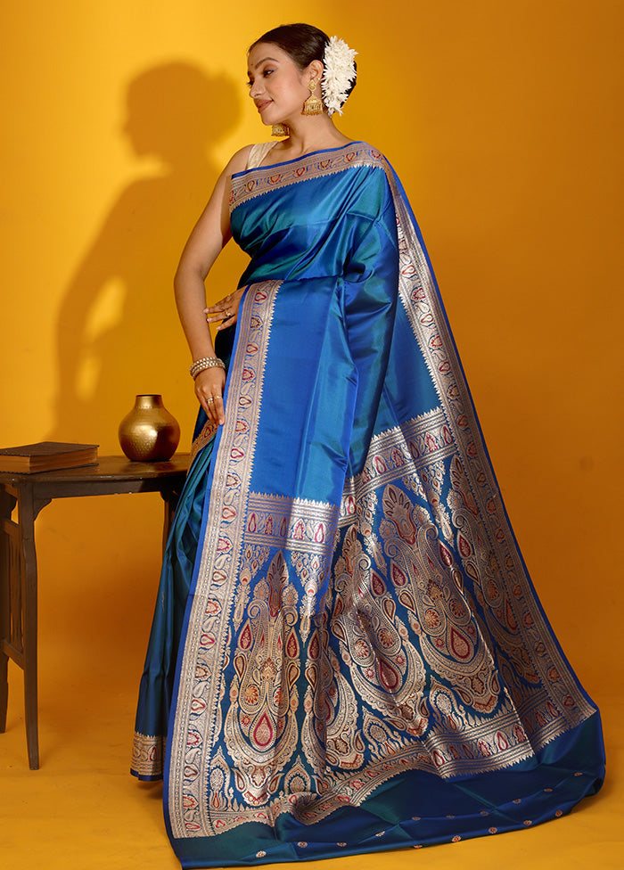 Blue Banarasi Pure Silk Saree With Blouse Piece - Indian Silk House Agencies