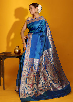 Blue Banarasi Pure Silk Saree With Blouse Piece - Indian Silk House Agencies