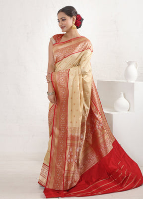 Cream Katan Pure Silk Saree With Blouse Piece - Indian Silk House Agencies