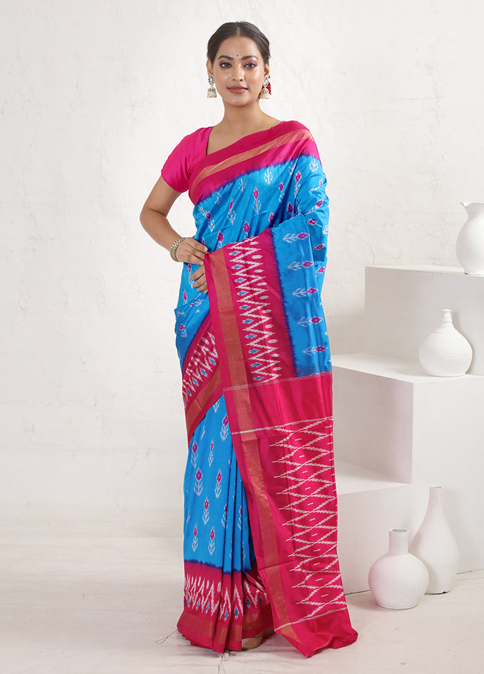 Blue Ikkat Pure Silk Saree With Blouse Piece - Indian Silk House Agencies