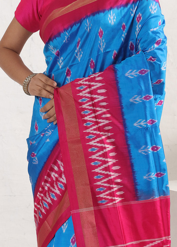 Blue Ikkat Pure Silk Saree With Blouse Piece - Indian Silk House Agencies