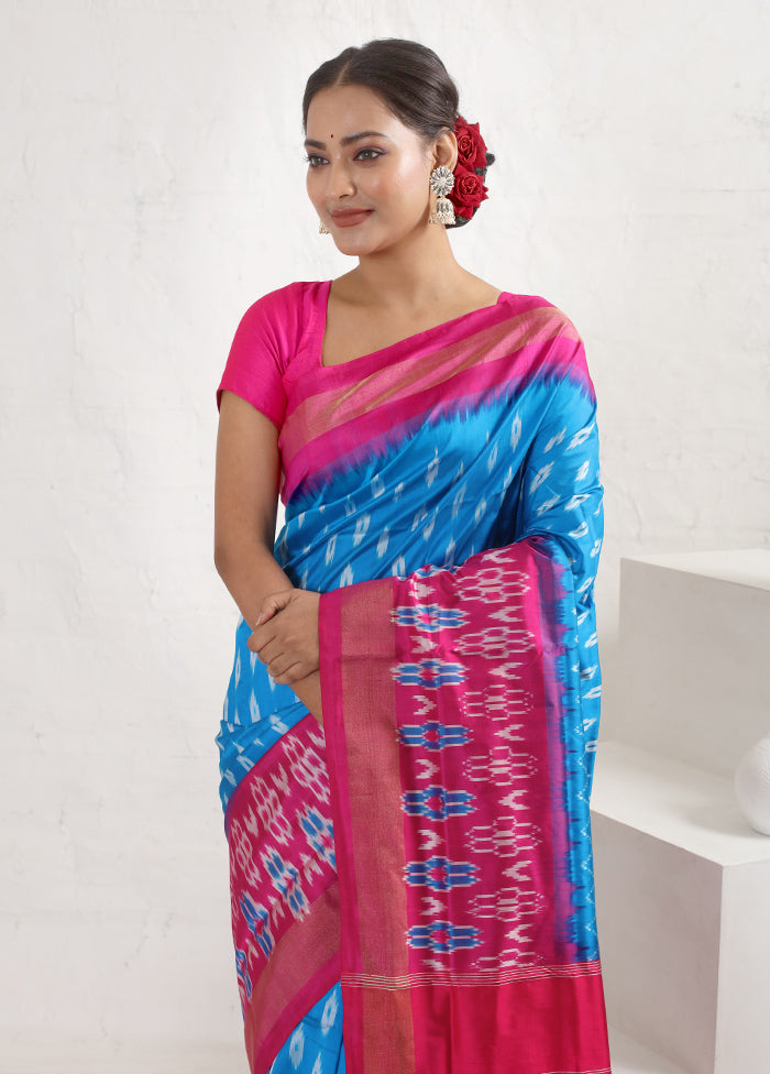 Blue Ikkat Pure Silk Saree With Blouse Piece - Indian Silk House Agencies