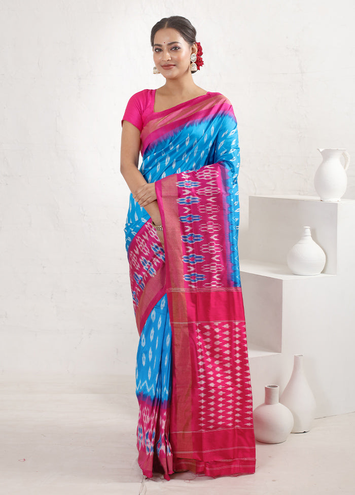 Blue Ikkat Pure Silk Saree With Blouse Piece - Indian Silk House Agencies