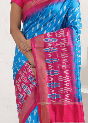 Blue Ikkat Pure Silk Saree With Blouse Piece - Indian Silk House Agencies