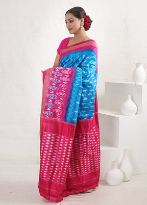 Blue Ikkat Pure Silk Saree With Blouse Piece - Indian Silk House Agencies