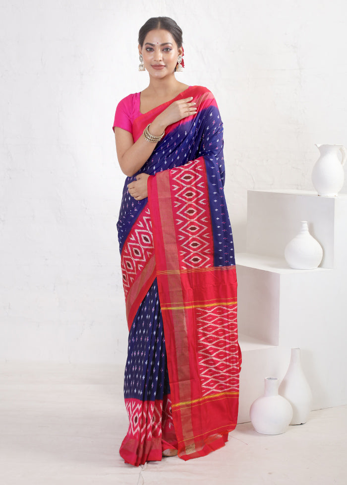 Blue Ikkat Pure Silk Saree With Blouse Piece - Indian Silk House Agencies