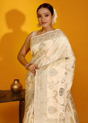 Cream Banarasi Silk Saree With Blouse Piece - Indian Silk House Agencies