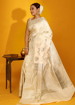 Cream Banarasi Silk Saree With Blouse Piece - Indian Silk House Agencies