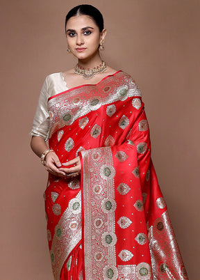 Red Banarasi Silk Saree With Blouse Piece