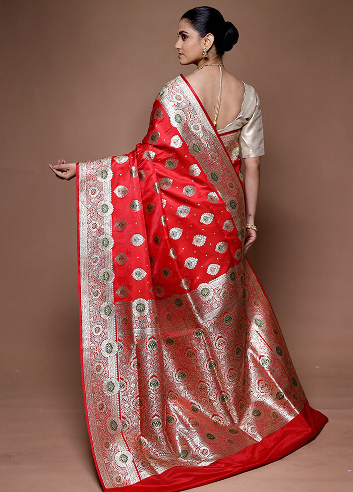 Red Banarasi Silk Saree With Blouse Piece