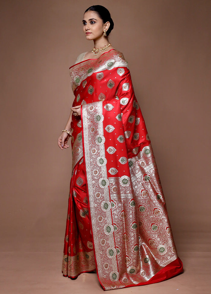 Red Banarasi Silk Saree With Blouse Piece