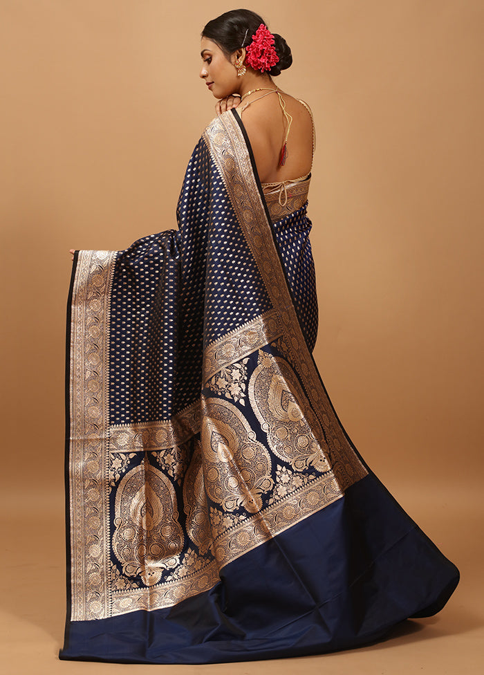 Blue Banarasi Silk Saree With Blouse Piece