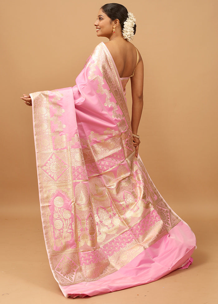 Pink Banarasi Silk Saree With Blouse Piece