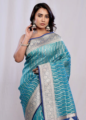 Blue Organza Saree With Blouse Piece - Indian Silk House Agencies