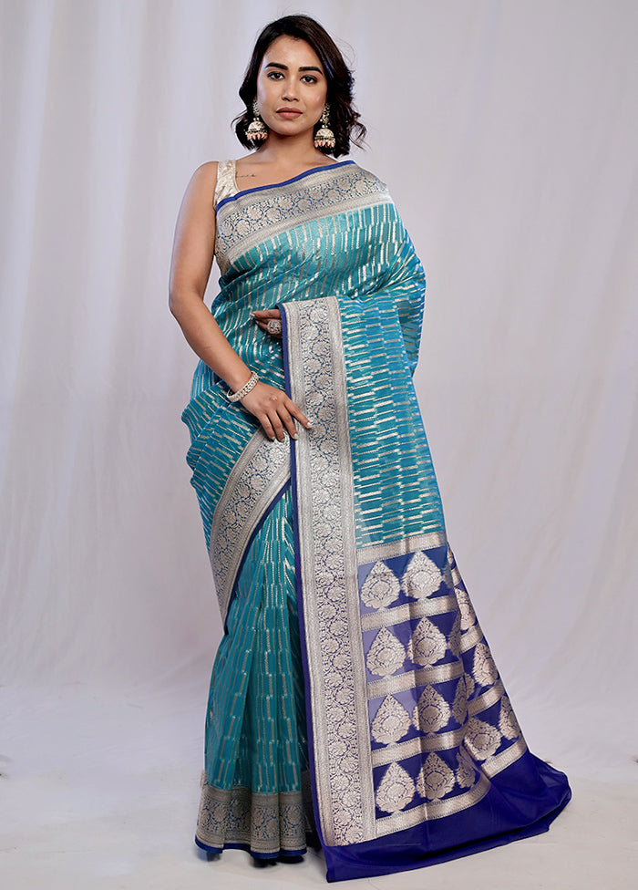 Blue Organza Saree With Blouse Piece - Indian Silk House Agencies