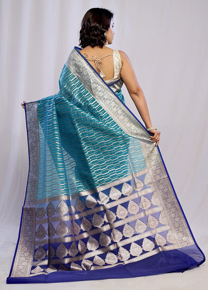 Blue Organza Saree With Blouse Piece - Indian Silk House Agencies