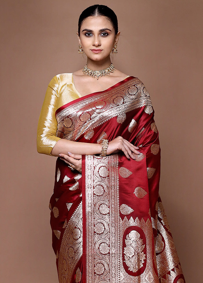 Maroon Banarasi Silk Saree With Blouse Piece