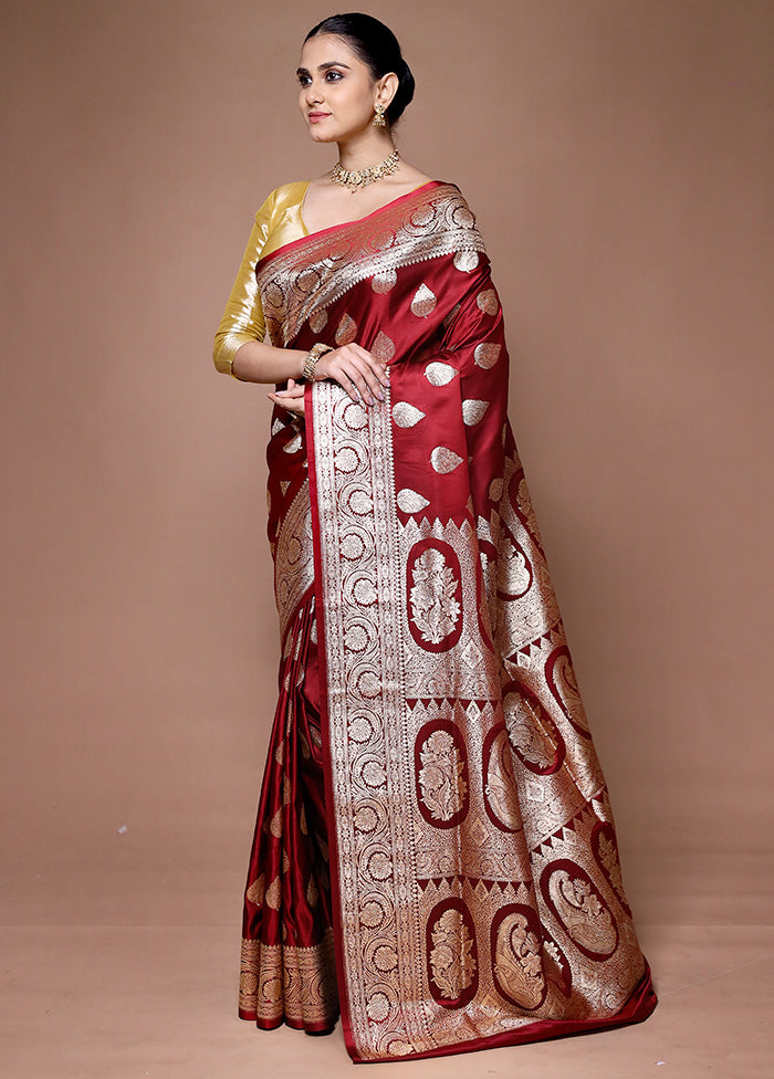 Maroon Banarasi Silk Saree With Blouse Piece