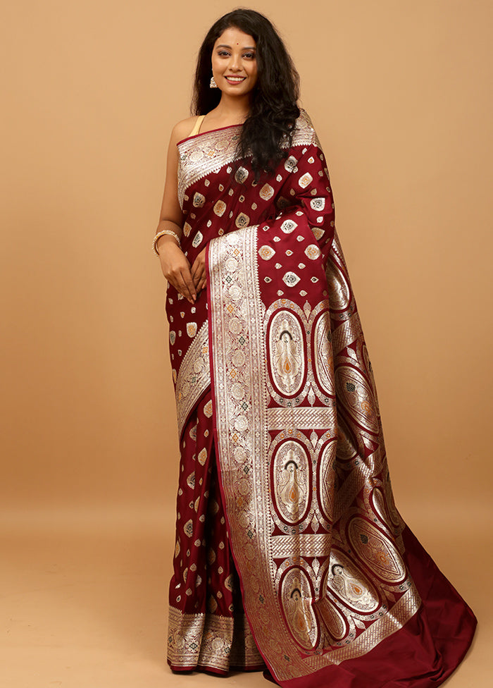 Maroon Banarasi Silk Saree With Blouse Piece