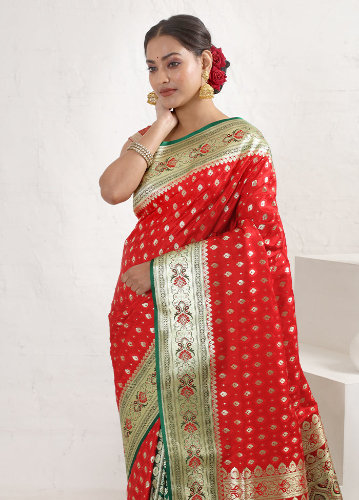 Red Tanchoi Banarasi Silk Saree With Blouse Piece - Indian Silk House Agencies