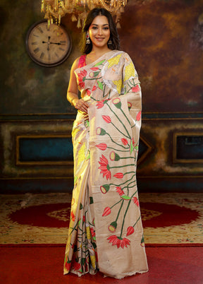 Cream Kantha Stitch Pure Silk Saree With Blouse Piece - Indian Silk House Agencies