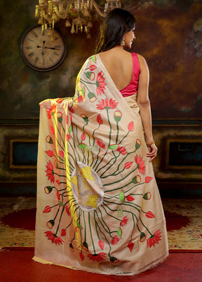 Cream Kantha Stitch Pure Silk Saree With Blouse Piece - Indian Silk House Agencies