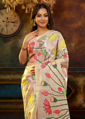 Cream Kantha Stitch Pure Silk Saree With Blouse Piece - Indian Silk House Agencies