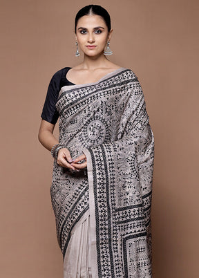 Grey Handloom Kantha Stitch Pure Silk Saree With Blouse Piece