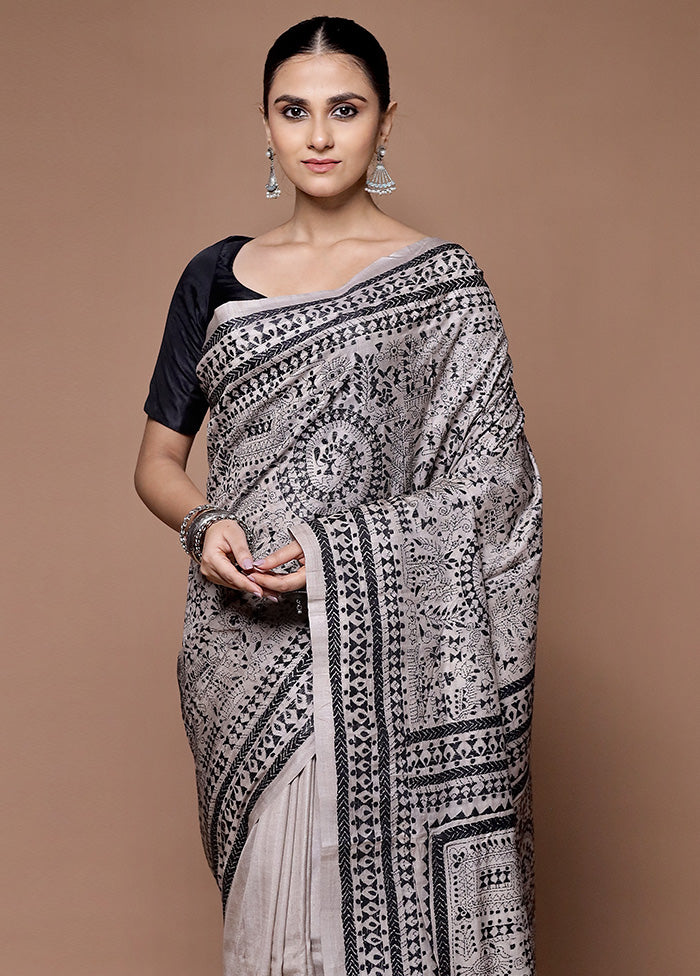 Grey Handloom Kantha Stitch Pure Silk Saree With Blouse Piece