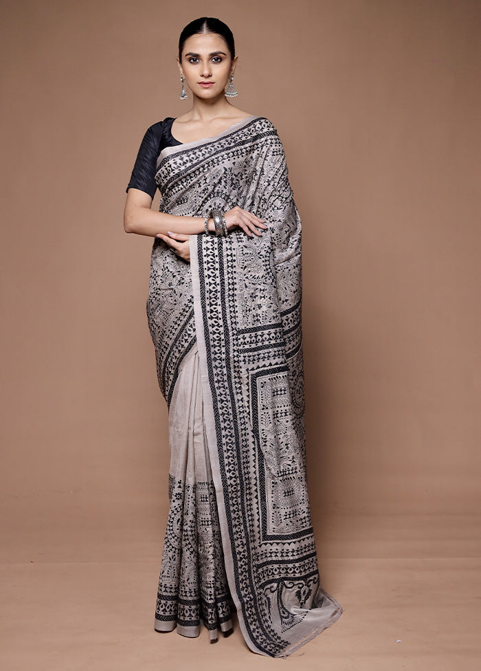 Grey Handloom Kantha Stitch Pure Silk Saree With Blouse Piece