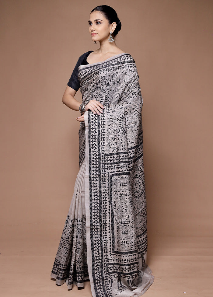 Grey Handloom Kantha Stitch Pure Silk Saree With Blouse Piece