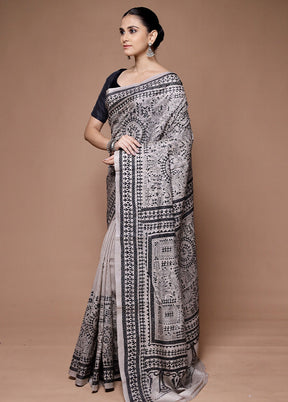 Grey Handloom Kantha Stitch Pure Silk Saree With Blouse Piece