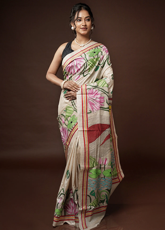 Cream Kantha Stitch Pure Silk Saree With Blouse Piece - Indian Silk House Agencies