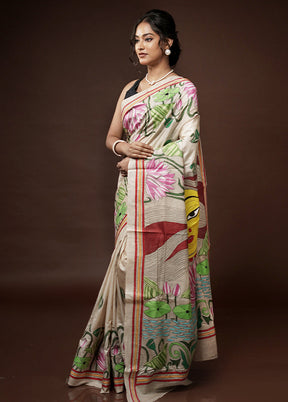 Cream Kantha Stitch Pure Silk Saree With Blouse Piece - Indian Silk House Agencies