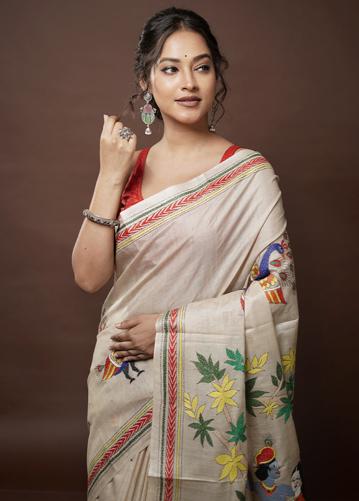 Cream Kantha Stitch Pure Silk Saree With Blouse Piece - Indian Silk House Agencies