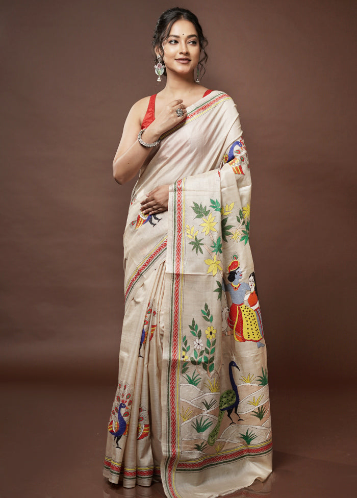 Cream Kantha Stitch Pure Silk Saree With Blouse Piece - Indian Silk House Agencies