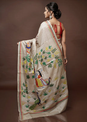 Cream Kantha Stitch Pure Silk Saree With Blouse Piece - Indian Silk House Agencies