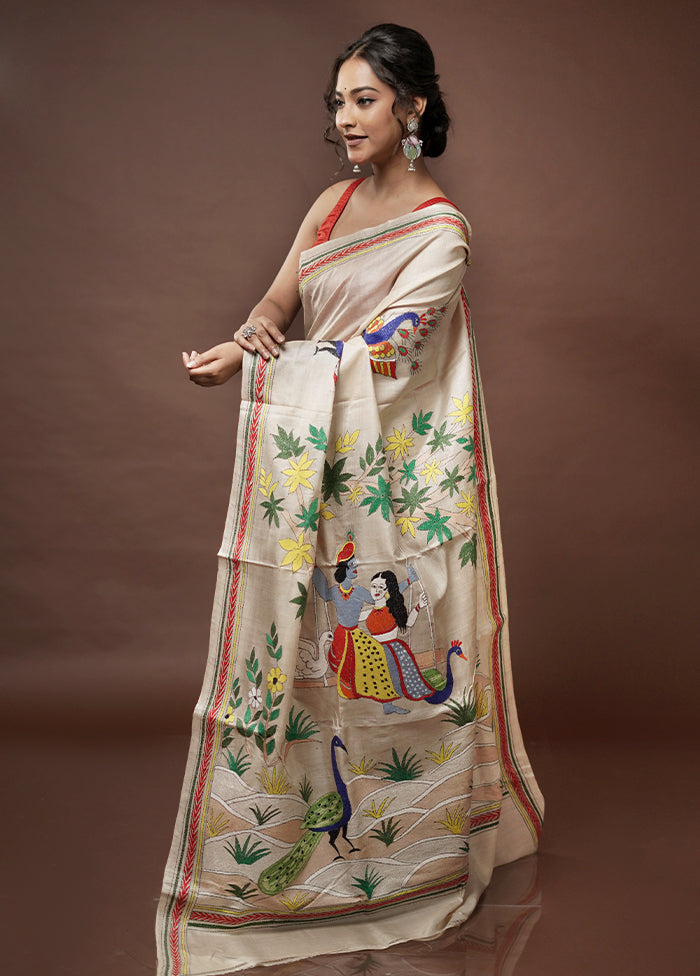 Cream Kantha Stitch Pure Silk Saree With Blouse Piece - Indian Silk House Agencies