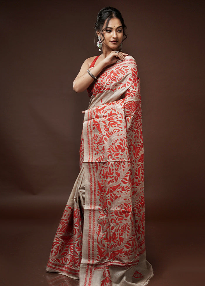 Pink Kantha Stitch Pure Silk Saree With Blouse Piece - Indian Silk House Agencies