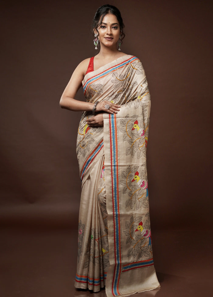 Cream Kantha Stitch Pure Silk Saree With Blouse Piece - Indian Silk House Agencies