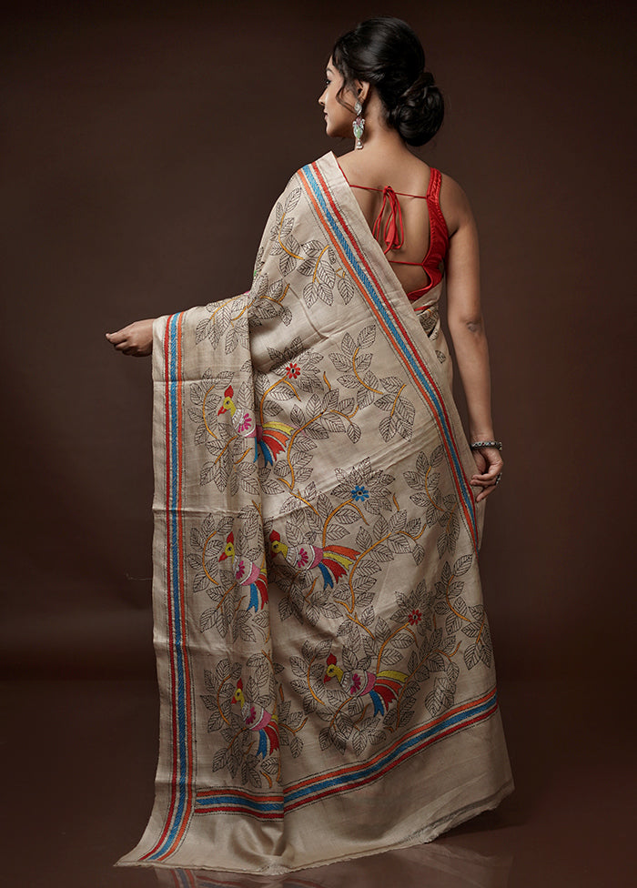 Cream Kantha Stitch Pure Silk Saree With Blouse Piece - Indian Silk House Agencies