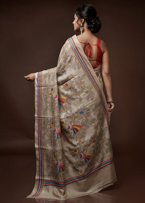 Cream Kantha Stitch Pure Silk Saree With Blouse Piece - Indian Silk House Agencies