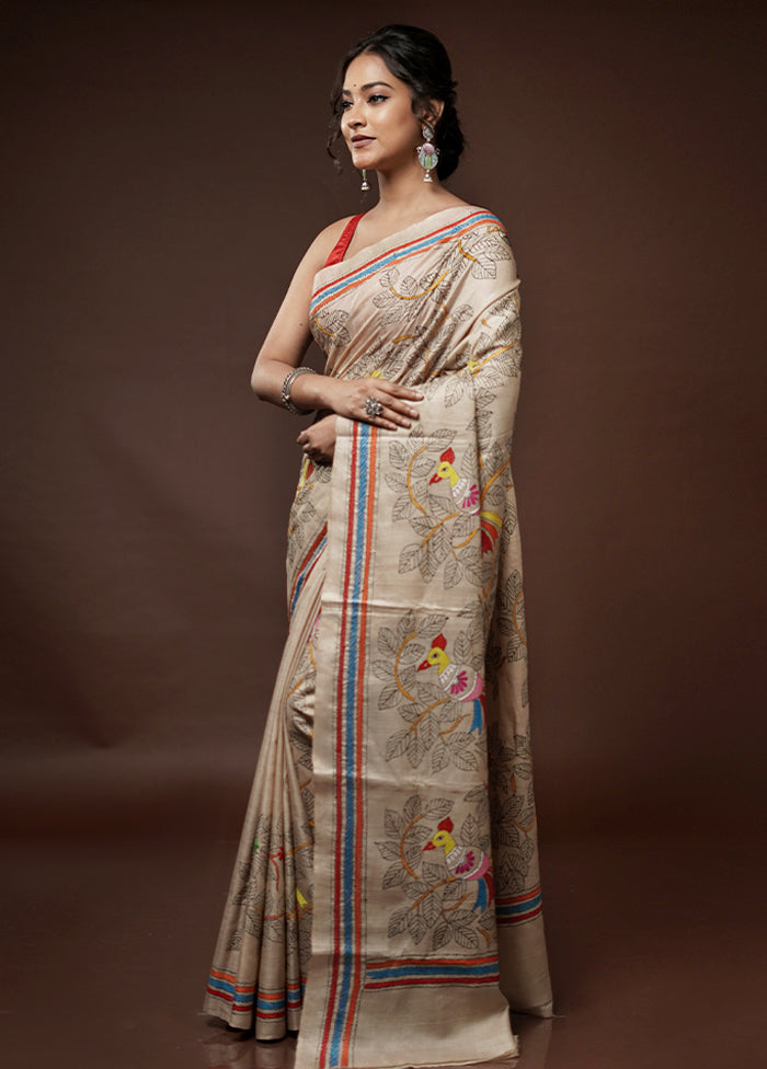 Cream Kantha Stitch Pure Silk Saree With Blouse Piece - Indian Silk House Agencies