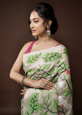 Cream Kantha Stitch Pure Silk Saree With Blouse Piece - Indian Silk House Agencies