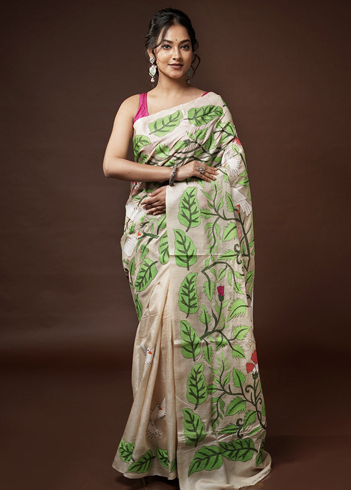 Cream Kantha Stitch Pure Silk Saree With Blouse Piece - Indian Silk House Agencies